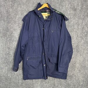 Eddie Bauer Men Coat L/G Blue Plaid Lined Hooded Flannel Lined Field Jacket Coat